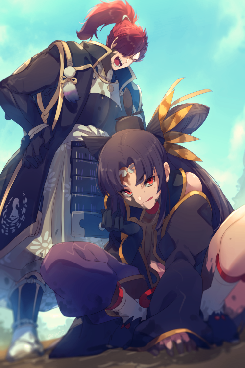 1boy 1girl armor black_armor black_hair blue_sky breast_curtains breasts closed_eyes detached_sleeves echo_(circa) fate/grand_order fate_(series) feather_hair_ornament feathers gold_trim hair_bun hair_ornament hat japanese_armor licking_lips long_hair long_sleeves looking_at_viewer medium_breasts mori_nagayoshi_(fate) open_mouth parted_bangs ponytail red_eyes red_hair side_ponytail sidelocks single_side_bun sky smile squatting tongue tongue_out ushiwakamaru_(fate) very_long_hair wide_sleeves