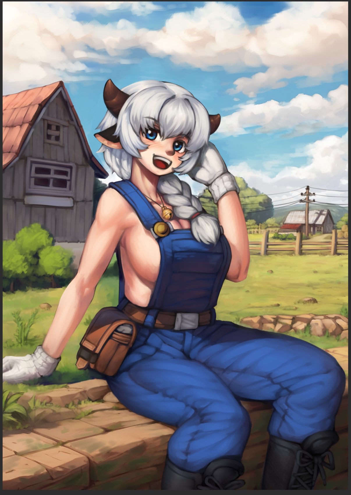 1girl animal_ears barn bell belt black_footwear blue_eyes blue_overalls blue_sky blush boots braid braided_ponytail breasts brick_wall brown_belt brown_horns cleavage cloud commentary cow_ears cow_girl cow_horns cross-laced_footwear day english_commentary farm feet_out_of_frame gloves grass hair_over_shoulder hand_in_own_hair highres horns jingle_bell large_breasts long_hair looking_at_viewer medium_bangs nandi_(puchirisu) neck_bell open_mouth original outdoors overalls pouch puchirisu sideboob sitting sky smile solo utility_pole white_gloves white_hair