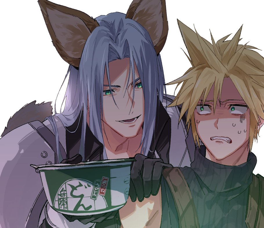 2boys aburaage animal_ears armor blonde_hair clenched_teeth cloud_strife donbee_(food) donbee_kitsune_udon final_fantasy final_fantasy_vii final_fantasy_vii_rebirth final_fantasy_vii_remake food fox_ears gloves green_eyes grey_hair hand_on_another's_shoulder holding instant_udon kemonomimi_mode kitsune_udon long_hair long_sleeves looking_at_another male_focus multiple_boys nervous_sweating noodles parted_bangs ribbed_shirt sephiroth shirt shoulder_armor sleeveless smile spiked_hair sweat teeth udon upper_body yunyunonigiri