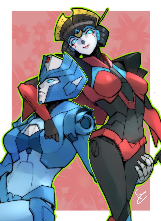 2girls armor autobot blue_eyes breasts chromia colored_skin helmet humanoid_robot medium_breasts multiple_girls no_humans panties red_lips red_panties robot robot_girl shoulder_armor the_transformers_(idw) transformers underwear windblade zoner