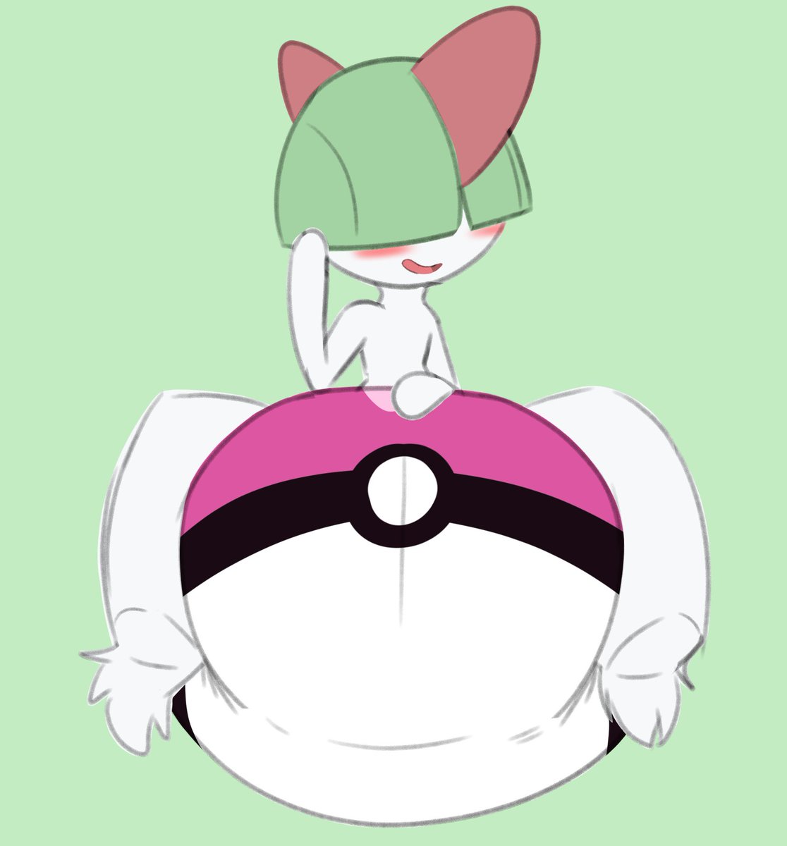 ambiguous_gender anthro big_diaper blush clean_diaper crybabybluberry diaper generation_3_pokemon green_background hi_res hooves nintendo pokeball_diaper pokemon pokemon_(species) ralts simple_background solo white_body