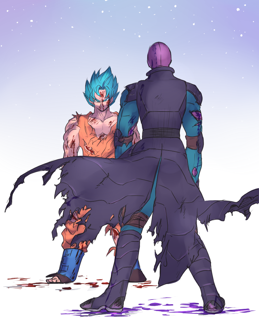 arms_at_sides blood blood_on_face blood_splatter bloody_clothes blue_background blue_eyes blue_hair boots clothes_lift dirty dirty_clothes dirty_face dougi dragon_ball dragon_ball_super facing_away full_body gradient gradient_background grin hit_(dragon_ball) looking_at_another male_focus multiple_boys serious short_hair simple_background smile son_gokuu spiked_hair standing super_saiyan_blue suzuki_zentarou torn_clothes white_background