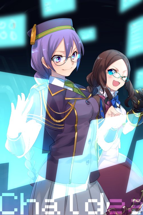 2girls aiguillette atlas_academy_school_uniform black_bow blue_eyes blue_gloves blush bow breasts brown_dress brown_hair capelet collared_shirt dress echo_(circa) fate/grand_order fate_(series) forehead gauntlets glasses gloves gold_trim green_necktie hair_bow holographic_monitor leonardo_da_vinci_(fate) leonardo_da_vinci_(rider)_(fate) long_hair looking_at_viewer medium_breasts multiple_girls necktie one_eye_closed open_mouth parted_bangs pleated_skirt ponytail puff_and_slash_sleeves puffy_short_sleeves puffy_sleeves purple_capelet purple_eyes purple_hair purple_hat purple_vest red_skirt school_uniform shirt short_sleeves single_gauntlet sion_eltnam_sokaris skirt small_breasts smile tassel vest white_shirt white_skirt