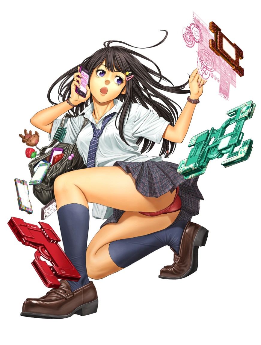 ass bag black_hair black_legwear braid breasts cellphone hair_ornament hairclip kneehighs loafers long_hair necktie open_mouth original panties phone pleated_skirt purple_eyes red_panties school_bag school_uniform shinya_komi shoes simple_background skirt smartphone solo underwear white_background