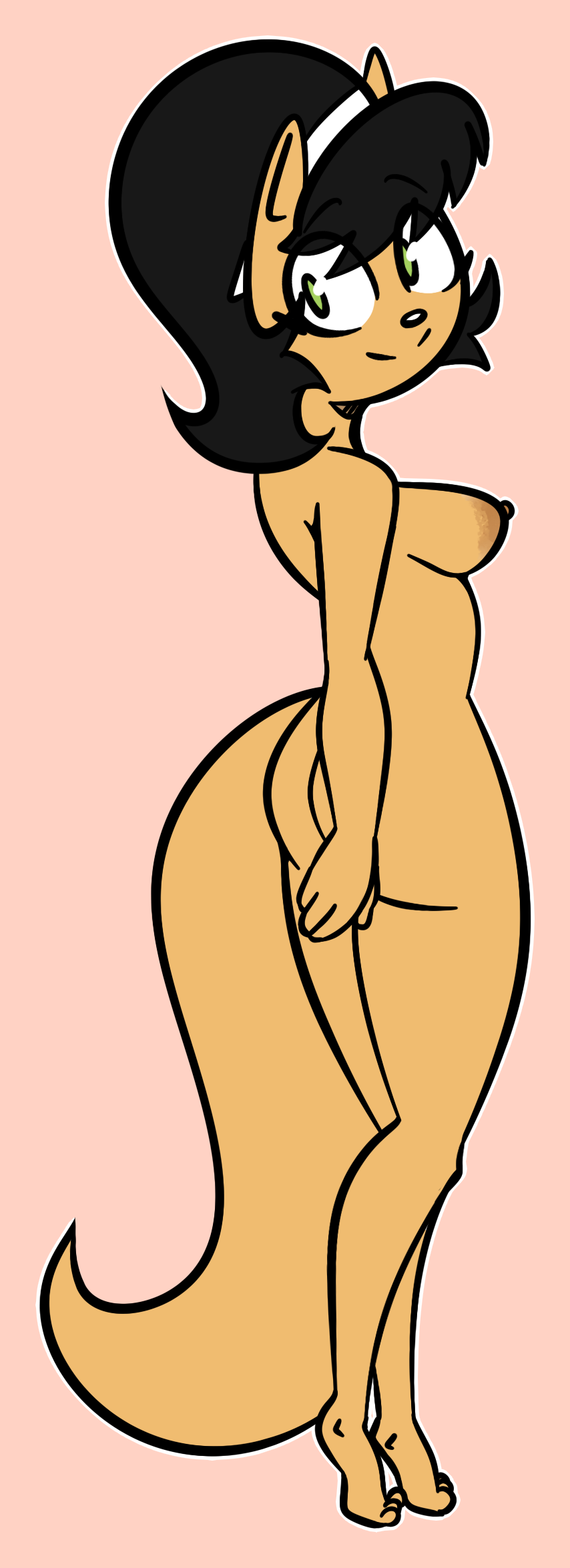 2024 anthro black_hair breasts butt digital_drawing_(artwork) digital_media_(artwork) domestic_cat felid feline felis female fur gold-white-kott green_eyes hair hi_res kitty_katswell mammal medium_breasts nickelodeon nipples nude pink_background simple_background solo standing t.u.f.f._puppy tan_body tan_fur