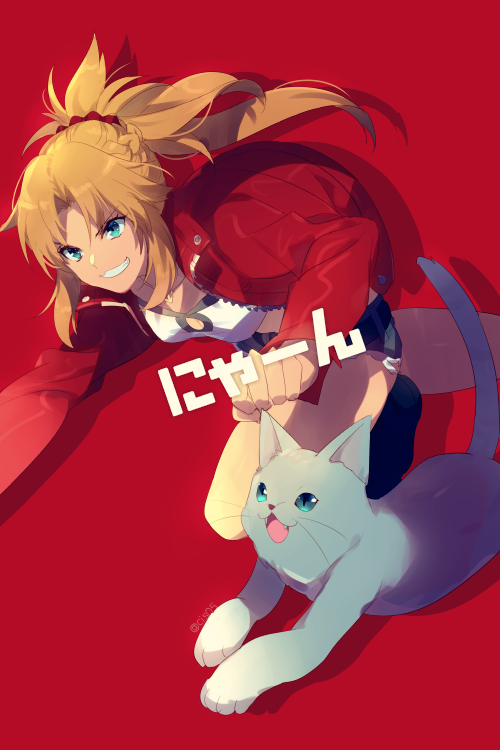 1girl bandeau blonde_hair blue_shorts braid breasts cat denim denim_shorts echo_(circa) fate/apocrypha fate/grand_order fate_(series) french_braid green_eyes grin jacket long_hair long_sleeves mordred_(fate) mordred_(fate/apocrypha) mordred_(memories_at_trifas)_(fate) open_clothes open_jacket parted_bangs ponytail red_jacket running short_shorts shorts sidelocks small_breasts smile solo translation_request