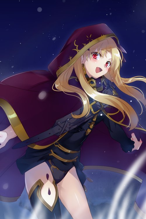 1girl black_dress black_leotard black_thighhighs blonde_hair bow breasts cape detached_collar dress earrings echo_(circa) ereshkigal_(fate) fate/grand_order fate_(series) gold_trim hair_bow hood hood_up hooded_cape hoop_earrings jewelry leotard long_hair looking_at_viewer medium_breasts open_mouth parted_bangs red_eyes short_dress single_sleeve single_thighhigh skull_ornament smile solo spine thighhighs thighs tiara two_side_up