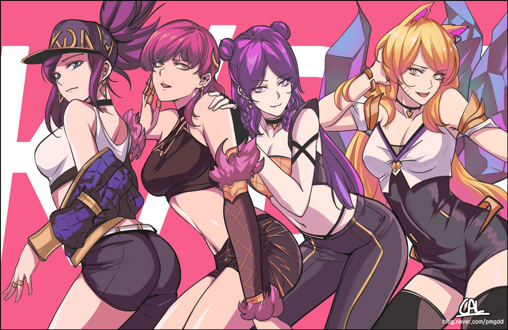ahri akali animal_ears asymmetrical_legwear bare_shoulders blonde_hair braid breasts cal_(pmgdd) cleavage commentary crop_top double_bun evelynn flat_cap fox_ears fox_tail group_picture half-closed_eyes hat idol jacket jewelry k/da_(league_of_legends) k/da_ahri k/da_akali k/da_evelynn k/da_kai'sa kai'sa league_of_legends lipstick looking_at_viewer makeup midriff multiple_girls off_shoulder pants pink_background pink_hair purple_hair shorts simple_background smile tail thighhighs tied_hair twin_braids whisker_markings