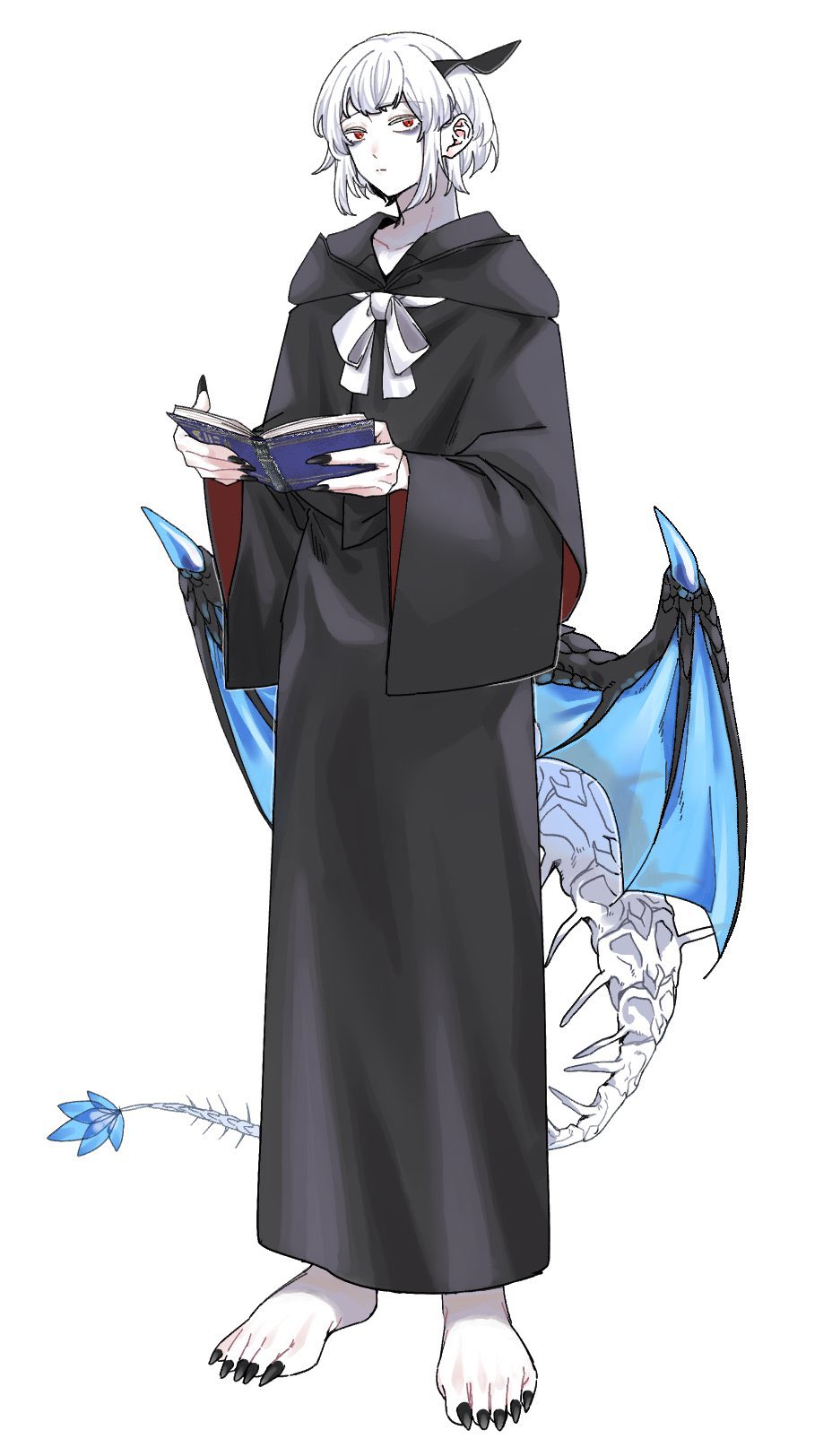 1girl bags_under_eyes black_horns black_nails black_robe blue_wings book closed_mouth dragon_girl dragon_horns dragon_tail dragon_wings fingernails full_body hands_up highres holding holding_book hooded_robe horns long_sleeves looking_at_viewer low_wings neck_ribbon original pale_skin red_eyes ribbon robe rramarukun sharp_fingernails sharp_toenails short_hair simple_background single_horn skeletal_tail solo standing tail toenails white_background white_hair white_ribbon wide_sleeves wings