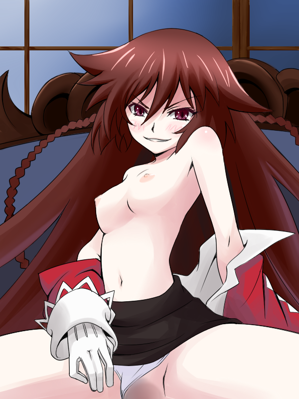 alice_(pandora_hearts) bad_id bad_pixiv_id bare_shoulders blush braid breasts brown_hair censored gloves long_hair medium_breasts navel nipples no_bra pandora_hearts panties panties_aside rutarou solo underwear