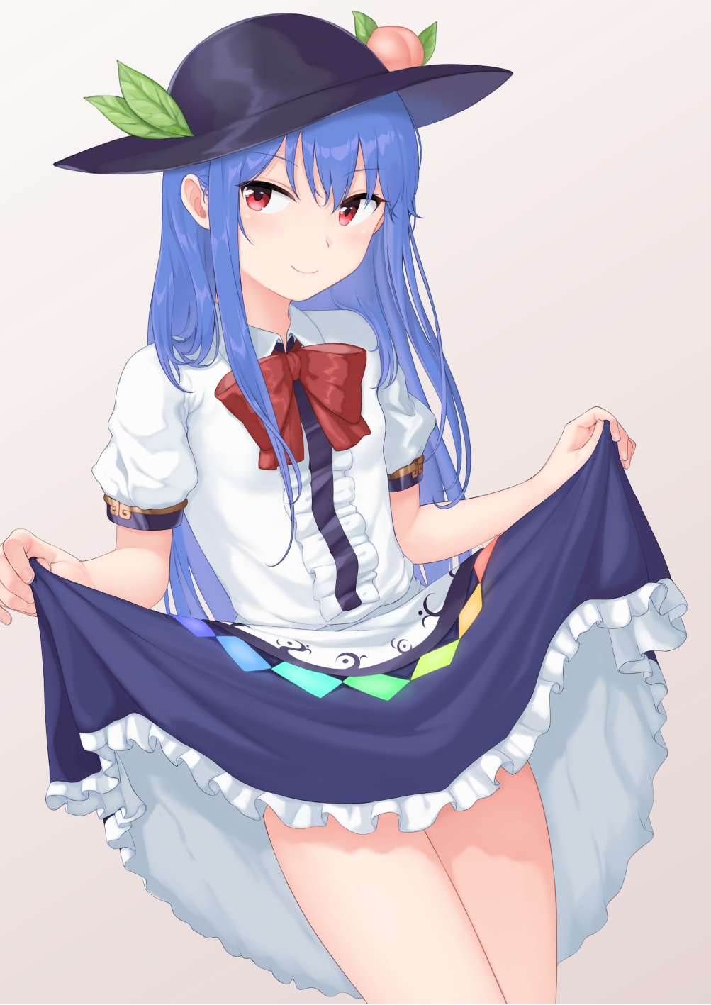bangs black_hat blue_eyes blue_skirt bow bowtie center_frills closed_mouth commentary cowboy_shot eyebrows_visible_through_hair fingernails food frilled_shirt frilled_skirt frills fruit grey_background hat highres hinanawi_tenshi leaf lifted_by_self long_hair looking_at_viewer md5_mismatch momoiro_lettuce peach red_bow red_eyes red_neckwear shirt short_sleeves simple_background skirt skirt_lift smile solo straight_hair thighs touhou white_shirt