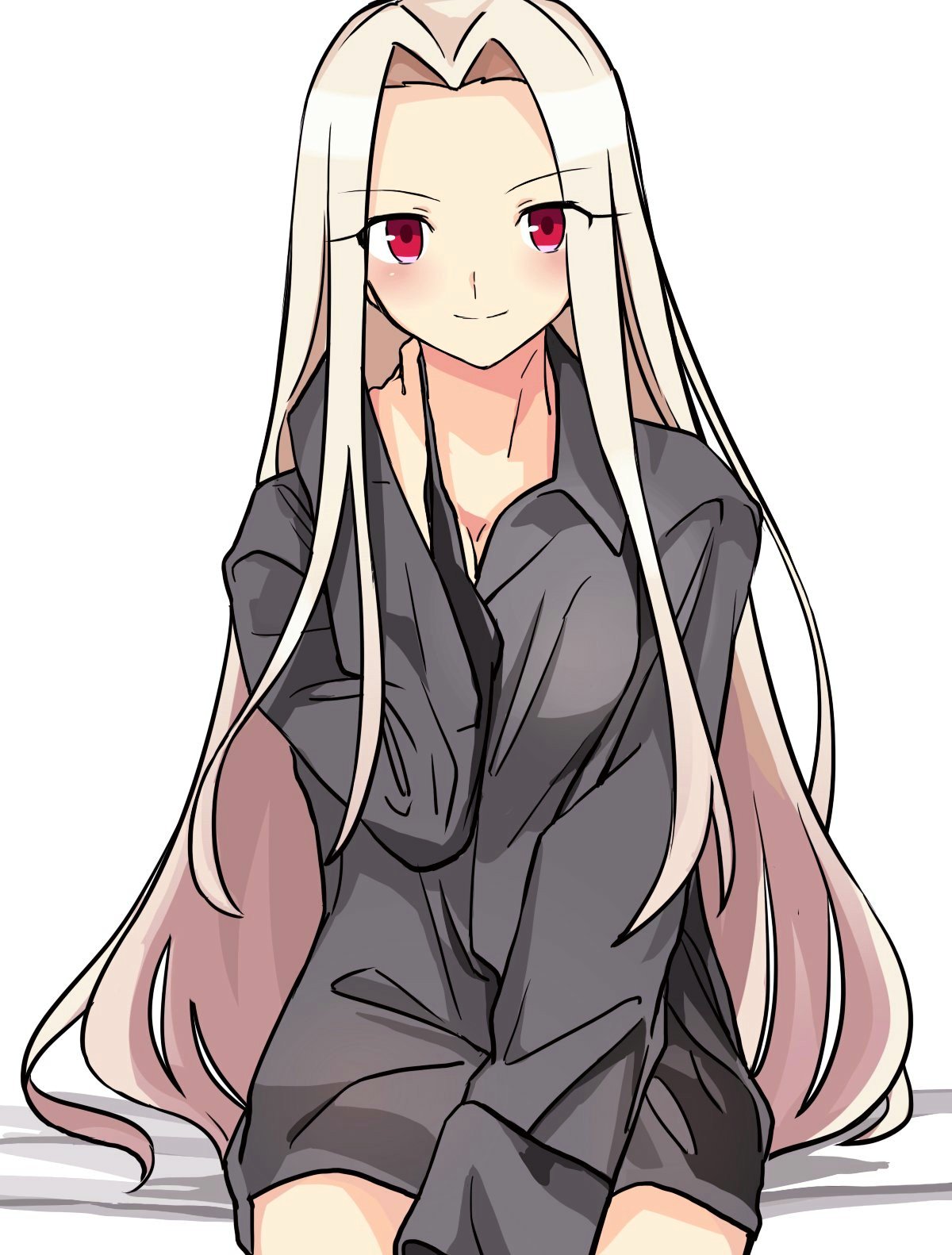 black_shirt blush breasts cleavage dress_shirt eyebrows_visible_through_hair fate/zero fate_(series) highres irisviel_von_einzbern long_hair long_sleeves looking_at_viewer medium_breasts naked_shirt red_eyes shirt silver_hair simple_background sitting smile solo very_long_hair white_background yuuma_(u-ma)