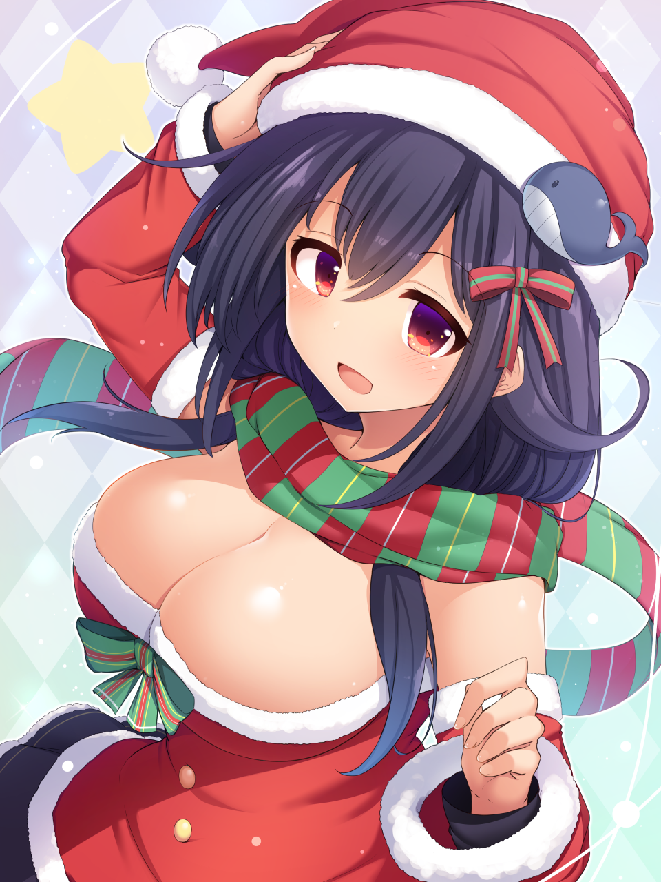 1girl :d arm_up bangs bare_shoulders black_hair black_skirt blush breasts christmas cleavage commentary_request detached_sleeves fur-trimmed_sleeves fur_trim hair_between_eyes hair_ornament hair_ribbon hand_up hat highres kantai_collection large_breasts long_hair long_sleeves looking_at_viewer miniskirt open_mouth red_eyes red_hat red_ribbon red_scarf red_shirt ribbon santa_costume santa_hat scarf shirt sidelocks skirt smile snow_(gi66gotyo) solo star striped striped_scarf taigei_(kantai_collection) upper_body whale_hair_ornament