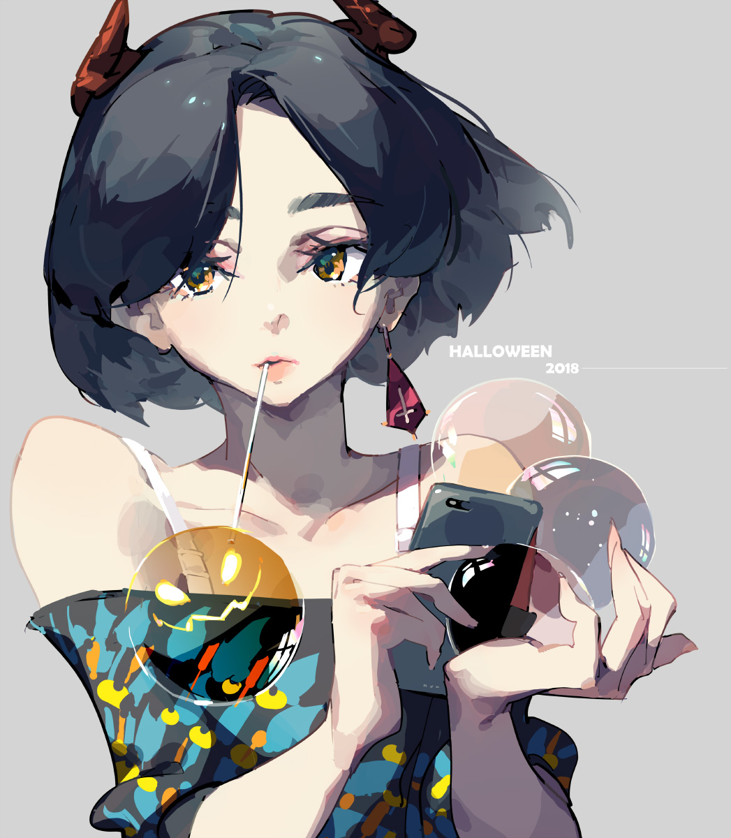 bare_shoulders black_hair cellphone commentary_request earrings fake_horns grey_background halloween highres jewelry looking_at_viewer original phone short_hair simple_background smartphone solo tennohi trick_or_treat upper_body yellow_eyes