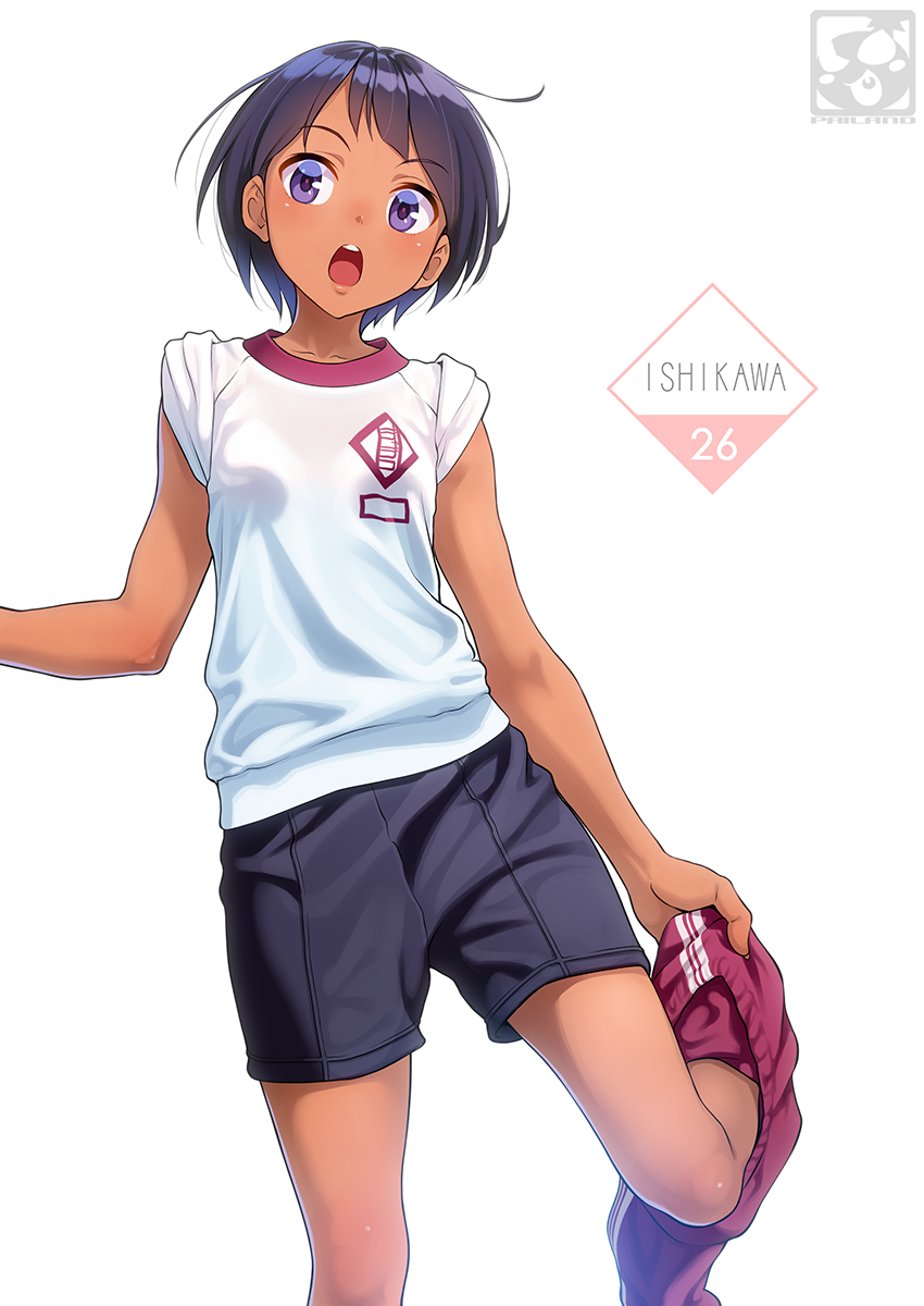 :o blue_eyes blue_hair breasts collarbone dark_skin eyebrows_visible_through_hair gym_shorts gym_uniform highres original pairan pants pants_around_one_leg short short_hair shorts simple_background sleeves_rolled_up small_breasts solo standing standing_on_one_leg tomboy track_pants undressing white_background