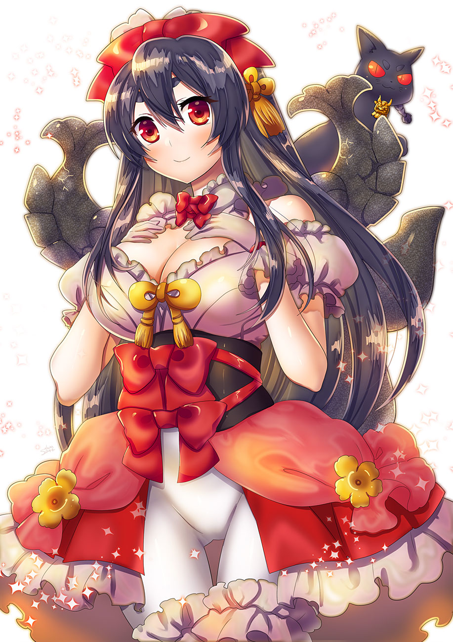 black_cat black_hair blush breasts cat cleavage cowboy_shot detached_sleeves gloves hair_between_eyes hands_on_own_chest highres large_breasts long_hair looking_at_viewer morioka_(oshiro_project) oshiro_project oshiro_project_re red_eyes shachihoko smile solo suou_sakura thick_eyebrows white_gloves