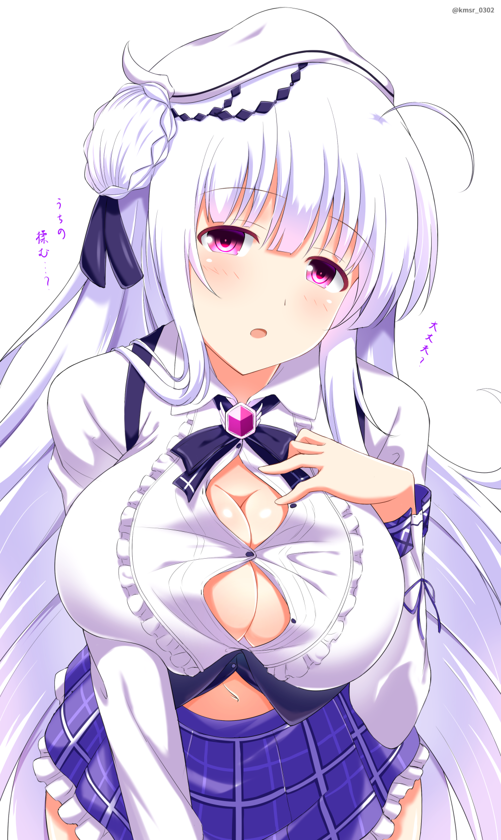 ahoge amethyst azur_lane bangs blouse blush bow braid breasts bursting_breasts cleavage collared_blouse commentary_request cygnet_(azur_lane) double_bun eyebrows_visible_through_hair hair_ornament hairclip hat head_tilt highres kamishiro_(rsg10679) large_breasts leaning_forward long_hair long_sleeves looking_at_viewer neck_ribbon open_mouth plaid plaid_skirt purple_eyes red_eyes ribbon simple_background skirt solo taut_blouse twitter_username white_background white_blouse white_hair