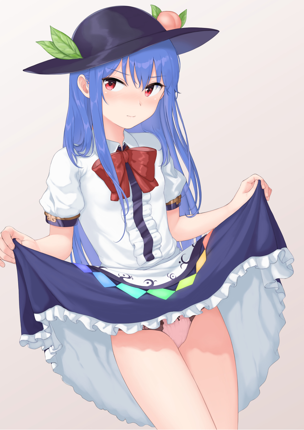 bangs black_hat blue_eyes blue_skirt bow bowtie center_frills closed_mouth commentary_request cowboy_shot eyebrows_visible_through_hair fingernails food frilled_shirt frilled_skirt frills fruit grey_background hat highres hinanawi_tenshi leaf lifted_by_self long_hair looking_at_viewer md5_mismatch momoiro_lettuce panties peach pink_panties red_bow red_eyes red_neckwear shirt short_sleeves simple_background skirt skirt_lift solo straight_hair thighs touhou underwear v-shaped_eyebrows white_shirt