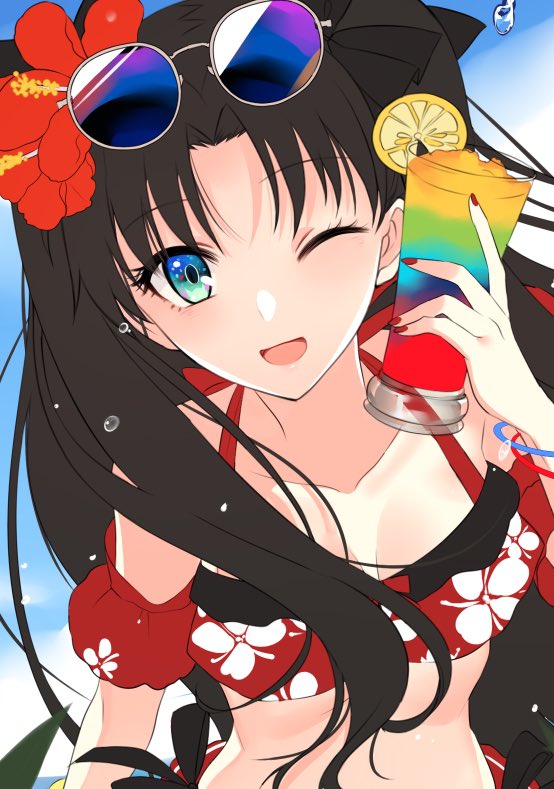 ;d arm_strap bikini black_bow black_hair blue-tinted_eyewear blue_eyes bow breasts cleavage collarbone cup day eyebrows_visible_through_hair eyewear_on_head fate/stay_night fate_(series) floating_hair floral_print flower hair_bow hair_flower hair_ornament hibiscus holding holding_cup long_hair looking_at_viewer one_eye_closed open_mouth outdoors print_bikini_top red_bikini red_flower small_breasts smile solo sunglasses swimsuit tinted_eyewear toosaka_rin upper_body very_long_hair yaoshi_jun
