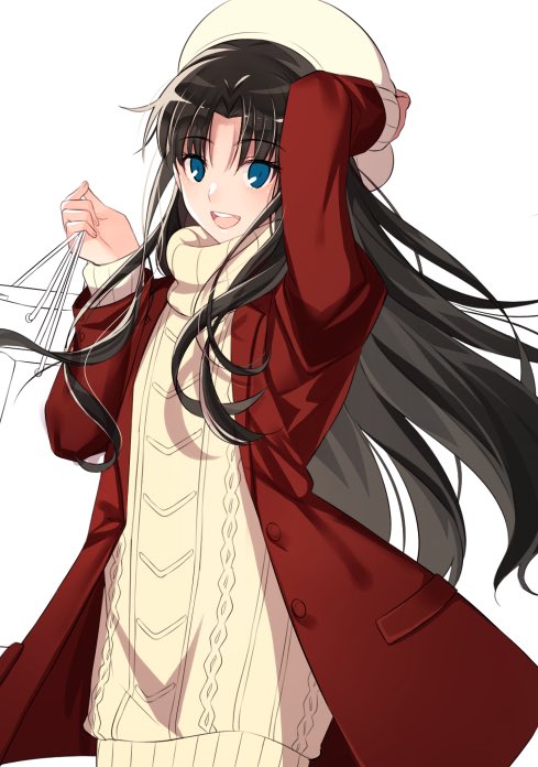 :d black_hair blue_eyes cowboy_shot dress eyebrows_visible_through_hair fate/stay_night fate_(series) floating_hair hand_on_headwear hat long_hair open_mouth simple_background smile solo standing sweater sweater_dress toosaka_rin very_long_hair white_background white_hat white_sweater yaoshi_jun