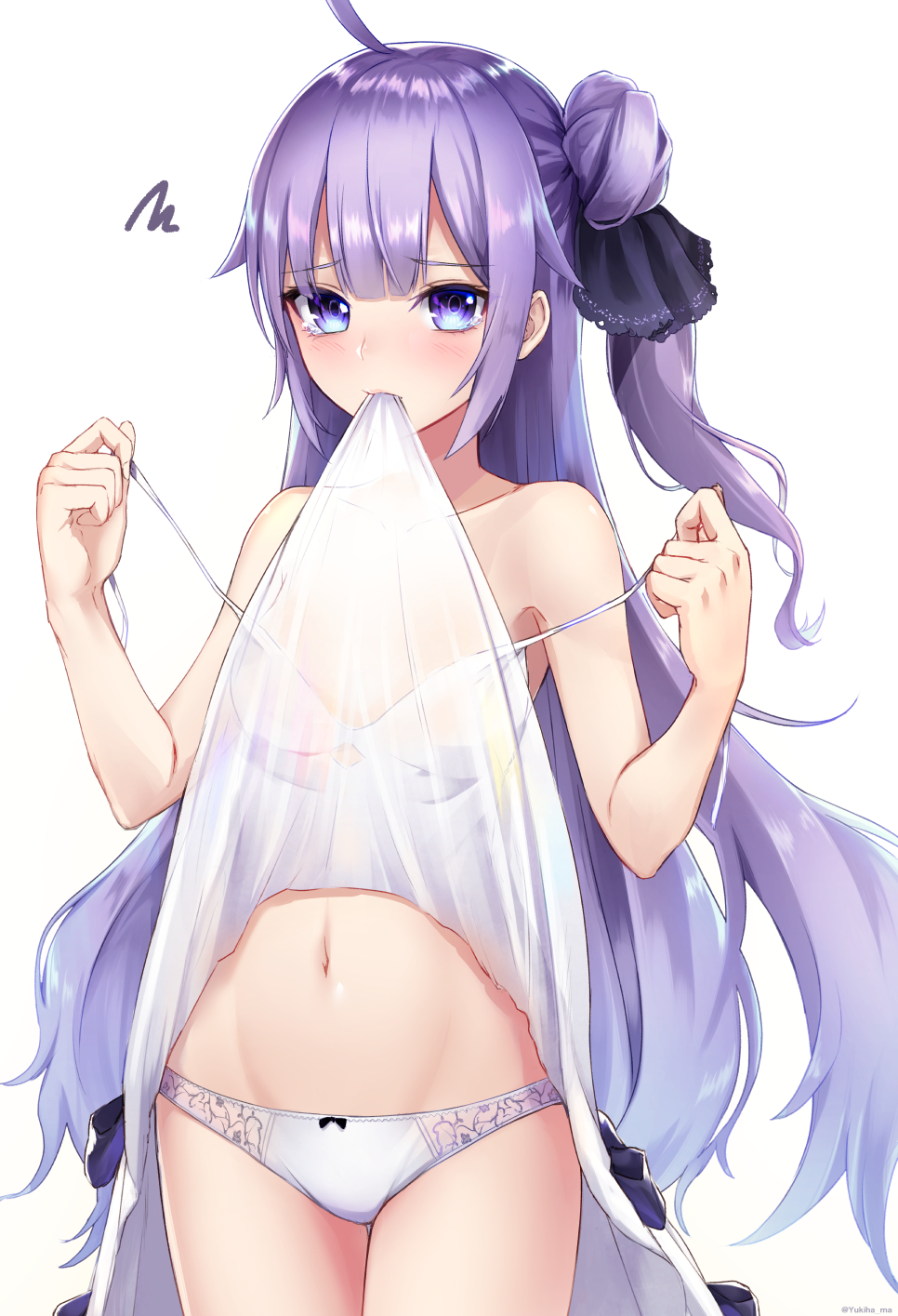 ahoge azur_lane bangs bare_shoulders black_ribbon blush bow bow_panties bra breasts dress dress_in_mouth dress_lift eyebrows_visible_through_hair groin hair_bun hair_ribbon highres long_hair looking_at_viewer mouth_hold navel panties purple_eyes purple_hair ribbon ribbon-trimmed_panties see-through side_bun simple_background small_breasts solo squiggle stomach tearing_up underwear undressing unicorn_(azur_lane) untied very_long_hair white_background white_dress white_panties yukihama