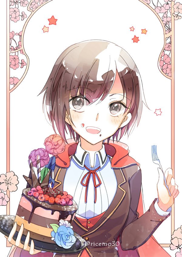 :d blue_flower blue_rose brown_hair cake cape emo_(ricemo) eyebrows_visible_through_hair flower food food_on_face fork grey_eyes hair_between_eyes holding holding_fork holding_plate looking_at_viewer neck_ribbon open_mouth plate red_cape red_flower red_ribbon ribbon rose ruby_rose rwby shirt short_hair smile solo twitter_username upper_body white_shirt