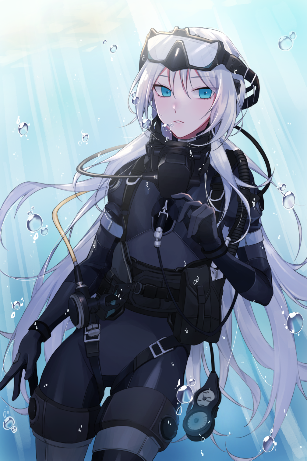 air_bubble ammunition ammunition_belt an-94_(girls_frontline) blonde_hair blue_eyes bubble cowboy_shot day diving diving_mask diving_mask_on_head diving_regulator diving_suit eyebrows_visible_through_hair girls_frontline hair_between_eyes hair_ornament highres light_rays long_hair looking_at_viewer mask outdoors parted_lips qb_516 scuba solo sunbeam sunlight teeth underwater wetsuit