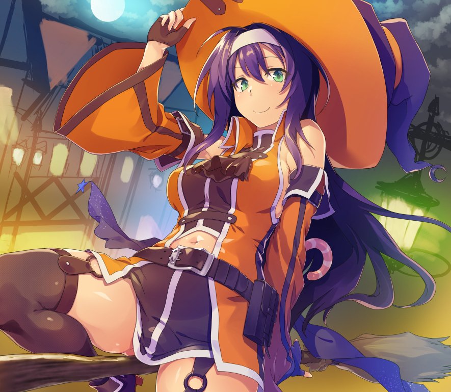 bare_shoulders belt black_gloves black_legwear black_skirt blue_hair breasts broom broom_riding building candy candy_cane detached_sleeves dress fingerless_gloves fire_emblem fire_emblem:_souen_no_kiseki fire_emblem_heroes food full_moon garter_straps gloves green_eyes halloween_costume hand_on_headwear hat headband lamppost large_breasts leaning_back long_hair long_sleeves looking_at_viewer midriff moon navel night night_sky orange_dress shinon_(tokage_shuryou) sideboob skirt sky smile solo thighhighs thighs wayu_(fire_emblem) wide_sleeves witch witch_hat
