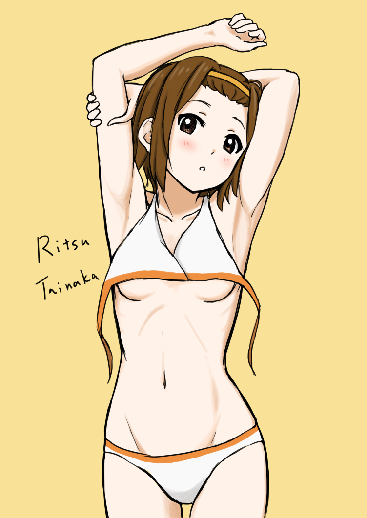 00s 1girl armpits arms_up bikini blush breasts brown_eyes brown_hair character_name english_text hairband holding_own_arm k-on! looking_at_viewer matching_hair/eyes navel parted_lips simple_background small_breasts solo standing swimsuit tainaka_ritsu text_focus tsukkun untied untied_bikini yellow_background