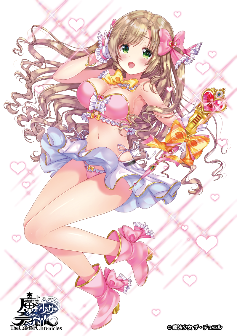 :d ankle_boots bare_legs bare_shoulders blonde_hair blush boots bow bow_panties bowtie bracelet breasts center_frills cleavage commentary_request copyright_name crop_top crystal frilled_gloves frills full_body gloves green_eyes hair_bow hair_ornament hand_in_hair hand_up heart heart_background heart_hair_ornament holding holding_microphone idol jewelry large_breasts long_hair looking_at_viewer magical_girl microphone midriff navel official_art open_mouth outstretched_arm panties pantyshot pink_bow pink_footwear pink_panties plaid plaid_bow ruby_(stone) sakura_moyon side-tie_panties simple_background skirt smile solo sparkle_background strapless the_caster_chronicles two_side_up underwear very_long_hair wavy_hair white_background white_gloves white_skirt yellow_bow yellow_neckwear