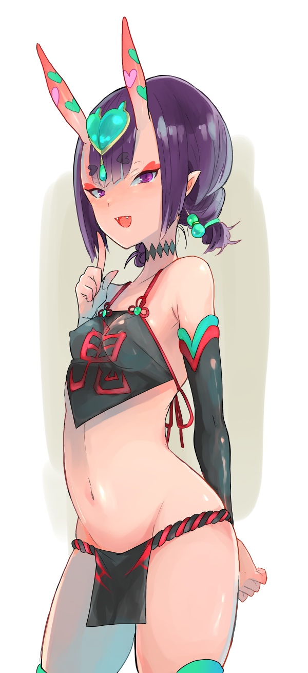 bare_shoulders choker commentary_request dudou eyebrows eyebrows_visible_through_hair fangs fate/grand_order fate_(series) highres horns looking_at_viewer nakazaki_mei navel oni oni_horns open_mouth pointy_ears purple_eyes purple_hair short_hair shuten_douji_(fate/grand_order) shuten_douji_(halloween)_(fate) smile solo standing
