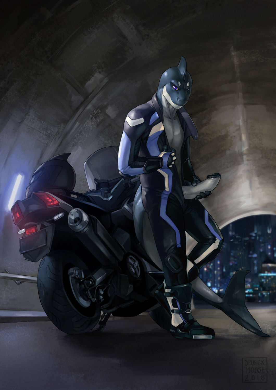 anthro bodysuit boots cetacean city clothed clothing deusexmoose erection fin footwear hand_on_penis head_fin jacket leather looking_at_viewer male mammal marine masturbation motorcycle night on_one_leg orca penile_masturbation purple_eyes skinsuit skyline solo standing stroking_penis tight_clothing tunnel vehicle whale white_skin