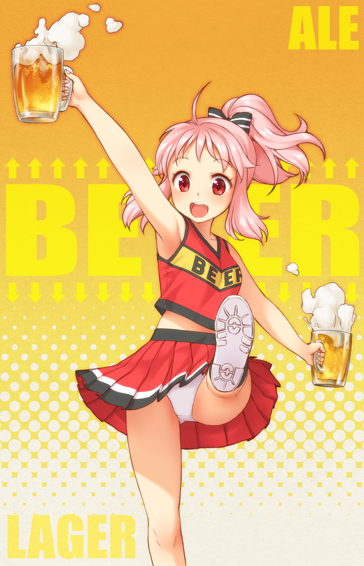1girl :d ahoge alcohol anima_yell! arm_up armpits bangs beer beer_mug blush bow cheerleader clothes_writing commentary_request cup eyebrows_visible_through_hair hair_bow hatoya_kohane holding holding_cup kicking long_hair looking_at_viewer open_mouth panties pantyshot pink_hair pleated_skirt ponytail poripori red_eyes red_shirt red_skirt shirt sidelocks skirt sleeveless sleeveless_shirt smile solo underwear white_panties