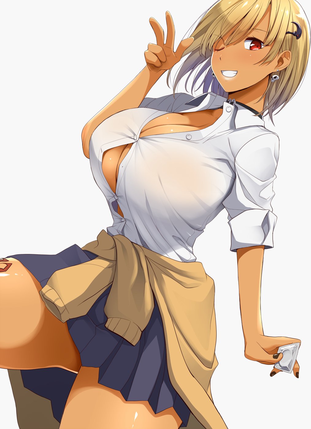 bare_legs black_nails blonde_hair blue_skirt breasts bursting_breasts button_gap choker cleavage clothes_around_waist commentary_request condom condom_wrapper covered_nipples dark_skin dutch_angle earrings ganguro grin gyaru highres huge_breasts jewelry kloah looking_at_viewer miniskirt nail_polish one_eye_closed original pleated_skirt red_eyes scythe shirt short_hair simple_background skindentation skirt skull_earrings smile solo sweater_around_waist tan_sweater tattoo thigh_tattoo unbuttoned unbuttoned_shirt v white_background white_shirt