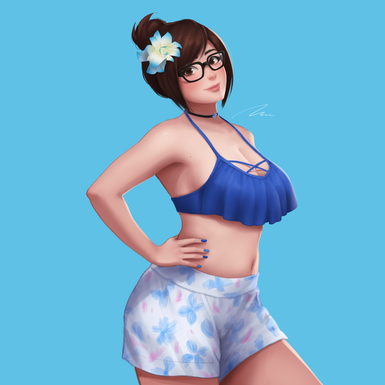 black-framed_eyewear blue_background blue_nails blush breasts brown_eyes brown_hair choker commentary_request cowboy_shot crop_top crop_top_overhang flower glasses hair_flower hair_ornament hand_on_hip jewelry lips looking_at_viewer mei_(overwatch) midriff nail_polish nose overwatch shorts signature simple_background solo stomach umigraphics