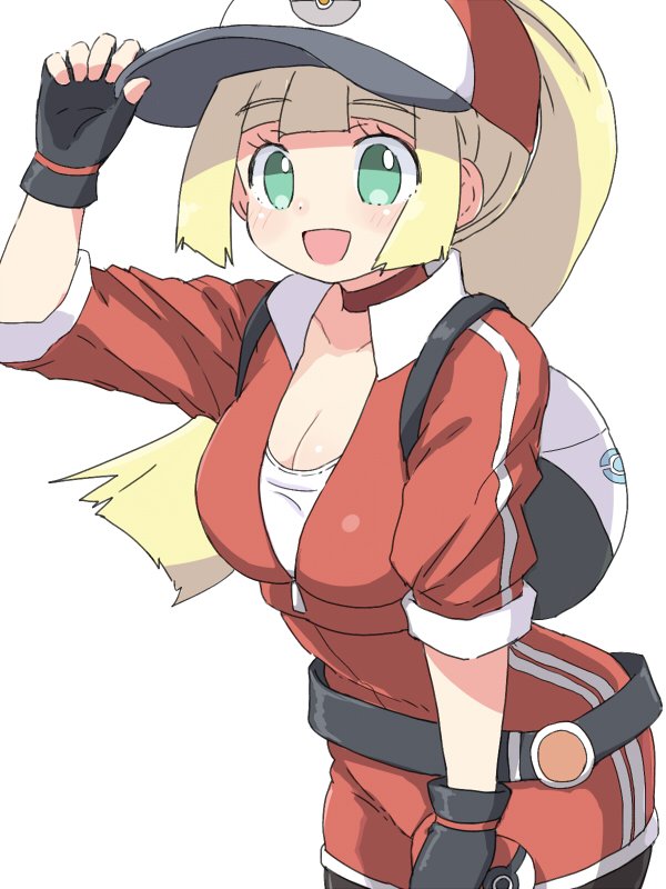 backpack bag baseball_cap black_gloves blonde_hair breasts cleavage commentary_request cosplay female_protagonist_(pokemon_go) female_protagonist_(pokemon_go)_(cosplay) fingerless_gloves gloves green_eyes hand_on_headwear hat holding holding_poke_ball jacket lillie_(pokemon) long_hair medium_breasts naitou_kouse open_mouth poke_ball pokemon pokemon_(game) pokemon_go pokemon_sm ponytail short_sleeves simple_background solo white_background