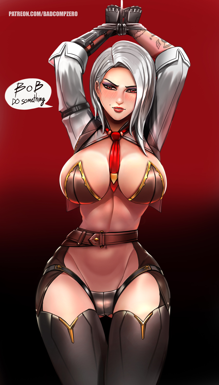 arm_tattoo arms_up artist_name ashe_(overwatch) badcompzero bdsm belt between_breasts black_gloves black_panties blush bondage bound bound_wrists breasts chaps english gloves gradient gradient_background highres large_breasts lipstick long_sleeves looking_at_viewer loose_belt makeup mole mole_above_mouth navel necktie necktie_between_breasts nose_blush overwatch panties parted_lips red_eyes red_lipstick red_neckwear revealing_clothes short_hair shrug_(clothing) silver_hair sleeves_folded_up solo speech_bubble tattoo thighhighs underwear