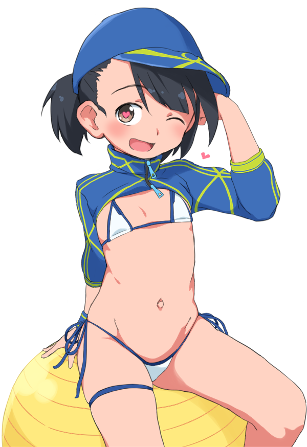;d arm_up artoria_pendragon_(all) ball bangs baseball_cap bikini black_hair blue_hat blush brown_eyes bubukka commentary_request cosplay exercise_ball eyebrows_visible_through_hair fate/grand_order fate_(series) flat_chest hat head_tilt heart heart-shaped_pupils long_sleeves looking_at_viewer mysterious_heroine_xx_(foreigner) mysterious_heroine_xx_(foreigner)_(cosplay) navel one_eye_closed open_mouth original short_hair shrug_(clothing) side-tie_bikini side_ponytail simple_background sitting smile solo sweatband swimsuit symbol-shaped_pupils tachibana_momoka white_background white_bikini wristband