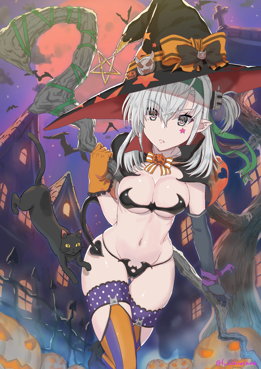 asymmetrical_gloves black_cat breasts cat commentary_request demon_tail gloves halloween hat headgear highres kantai_collection large_breasts medium_hair night night_sky outdoors pumpkin same_no_fukahire side_ponytail sky staff star suzutsuki_(kantai_collection) tail thighhighs white_hair witch_hat
