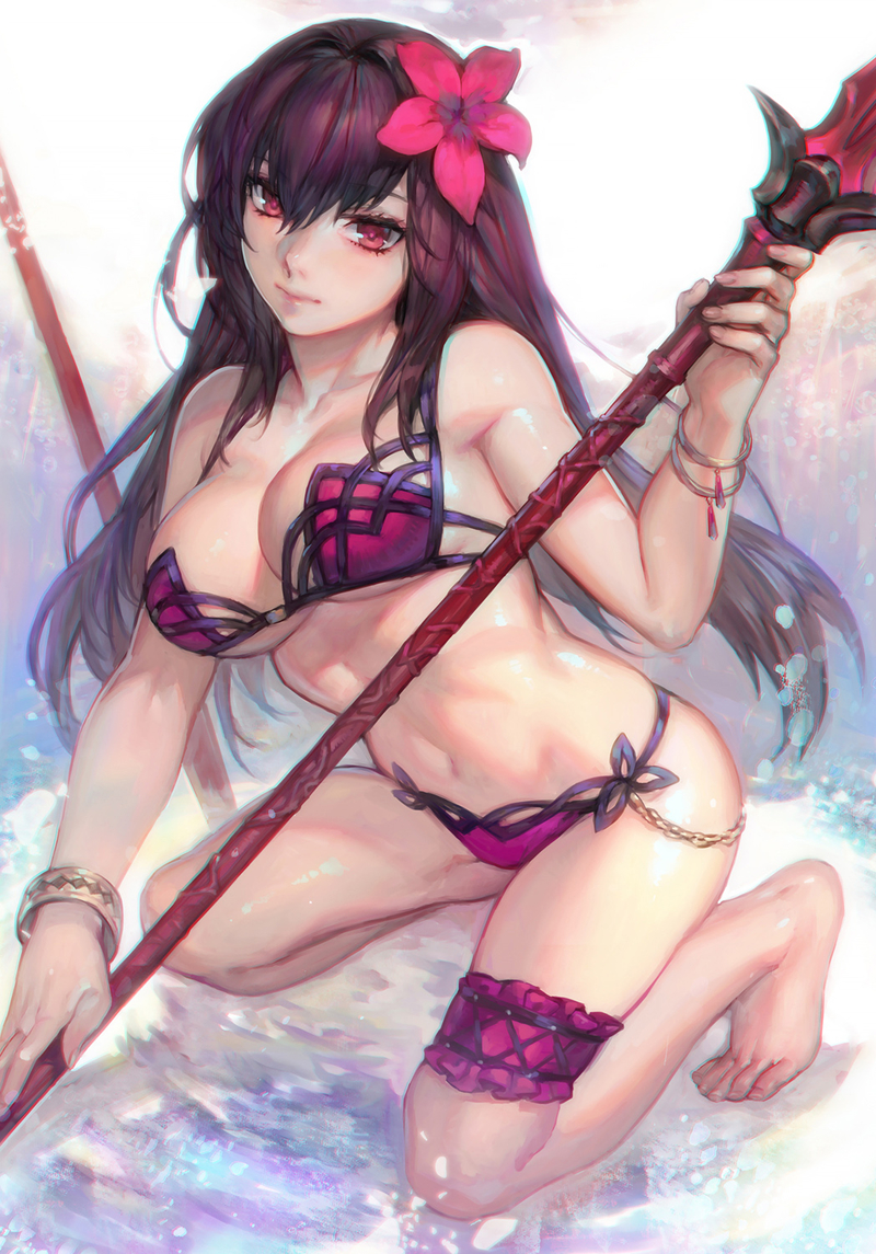 3: aoin bare_shoulders barefoot bikini bracelet breasts chromatic_aberration cleavage fate/grand_order fate_(series) flower gae_bolg hair_between_eyes hair_flower hair_ornament jewelry kneeling large_breasts leg_garter long_sleeves looking_at_viewer pink_bikini pink_eyes purple_hair scathach_(fate)_(all) scathach_(swimsuit_assassin)_(fate) sidelocks solo swimsuit