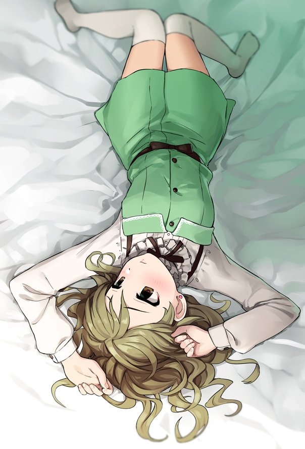 arms_up bed_sheet blouse blurry blush bow brown_eyes buttons collar dress earrings fingernails frilled_collar frills from_above full_body green_dress hair_down idolmaster idolmaster_cinderella_girls idolmaster_cinderella_girls_starlight_stage jewelry knees_together_feet_apart light_brown_hair lips long_hair long_sleeves looking_away looking_down lying morikubo_nono no_shoes omaru_gyuunyuu on_back pinafore_dress short_dress solo stud_earrings thighhighs upside-down white_blouse white_legwear