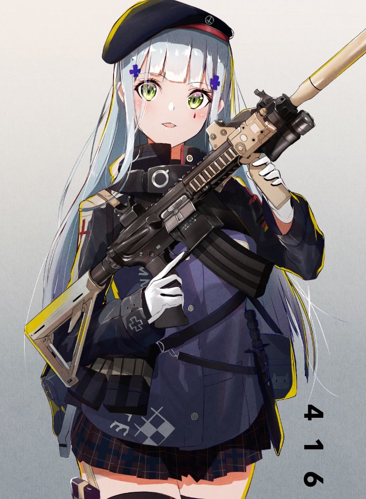 assault_rifle bangs beret black_legwear blunt_bangs blush breasts character_name clothes_writing commentary_request cowboy_shot eyebrows_visible_through_hair facial_mark girls_frontline gloves gradient gradient_background green_eyes gun hair_ornament hat heckler_&amp;_koch hk416 hk416_(girls_frontline) holding holding_gun holding_weapon jacket kinoruru_toiro long_hair looking_at_viewer magazine_(weapon) medium_breasts open_mouth plaid plaid_skirt pleated_skirt rifle silver_hair skirt solo teardrop thigh_pouch thigh_strap thighhighs trigger_discipline very_long_hair weapon