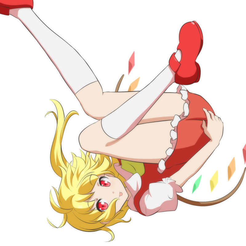 :p blonde_hair cato_(monocatienus) commentary crystal dress flandre_scarlet foot_out_of_frame frilled_dress frills hand_on_ass kneehighs leg_up looking_at_viewer no_hat no_headwear puffy_short_sleeves puffy_sleeves red_dress red_eyes red_footwear shoes short_hair short_sleeves side_ponytail simple_background smile solo tongue tongue_out touhou upside-down white_background white_legwear wings yellow_neckwear