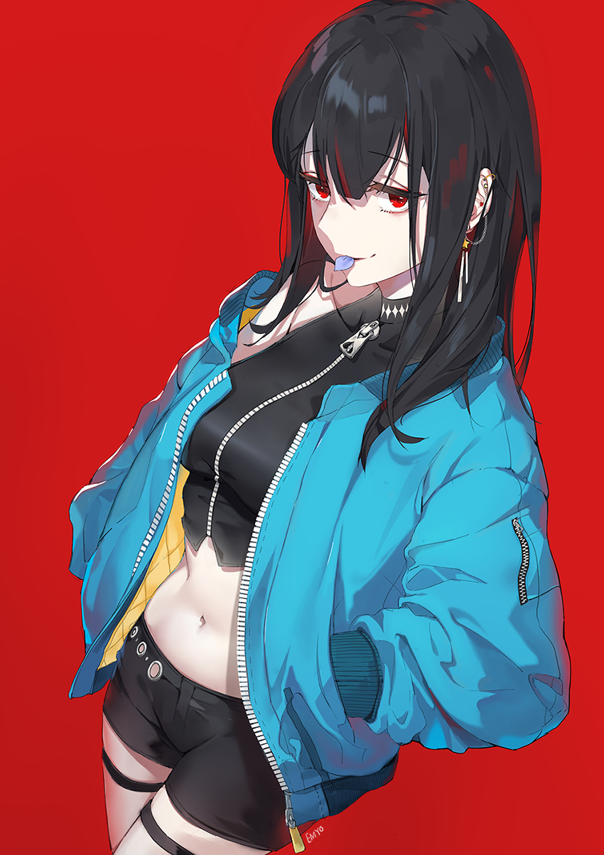 artist_name bangs bare_shoulders black black_hair black_shirt black_shorts blue_coat blue_jacket blush breasts coat collarbone commentary_request crop_top dutch_angle ear_piercing earrings eyebrows_visible_through_hair hair_between_eyes hands_in_pockets highres jacket jewelry long_hair long_sleeves looking_at_viewer medium_breasts midriff mouth_hold multicolored_hair navel open_clothes open_coat open_jacket original petals piercing red_background red_eyes red_hair shirt short_shorts shorts simple_background small_breasts smile solo star star_earrings stomach streaked_hair thigh_strap unzipped yumaomi zipper zipper_pull_tab