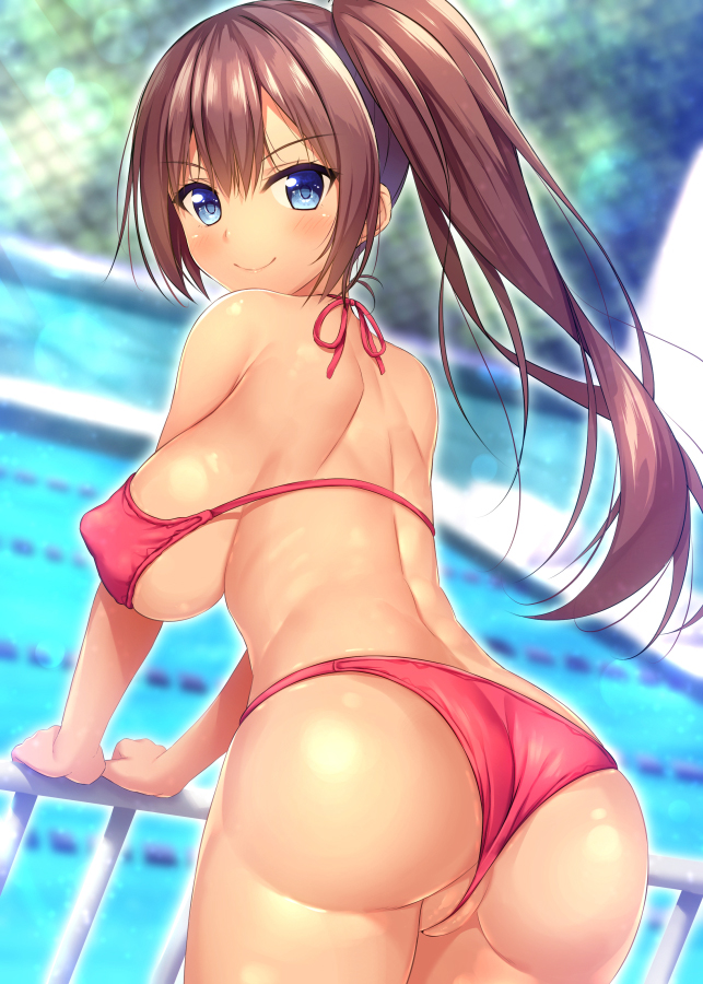 aikawa_tatsuki ass bangs bikini blue_eyes blurry blurry_background breasts brown_hair commentary_request day dutch_angle eyebrows_visible_through_hair leaning_forward leaning_on_rail long_hair looking_at_viewer looking_back original outdoors pool pussy railing red_bikini school_uniform side_ponytail sideboob sidelocks solo standing swimsuit tan