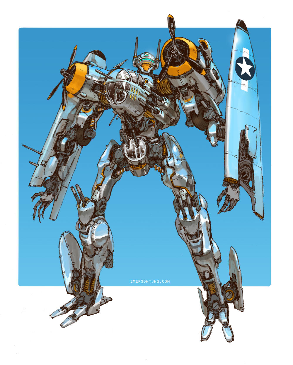 b-25_mitchell commentary derivative_work emerson_tung english_commentary gun highres jetfire machine_gun machinery mecha propeller radio_antenna realistic redesign robot roundel science_fiction shiny signature transformers turret weapon