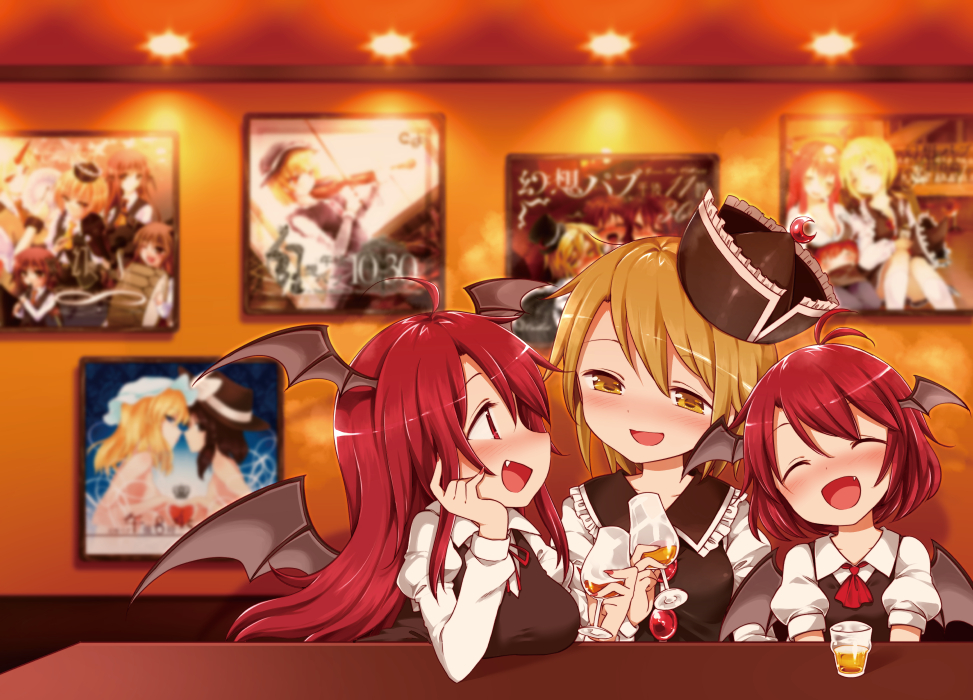 :d ^_^ ahoge album_cover annotated ascot black_hat black_vest black_wings blonde_hair blush breast_rest breasts cameo closed_eyes collared_shirt cover crescent cup demon_wings drinking_glass drunk dual_persona fang fingernails futatsuiwa_mamizou hair_between_eyes half-closed_eyes hand_up harusame_(unmei_no_ikasumi) hat head_rest head_tilt head_wings holding holding_cup hoshiguma_yuugi ibuki_suika indoors koakuma long_fingernails long_sleeves looking_at_another lunasa_prismriver maribel_hearn medium_breasts multiple_girls nail_polish nose_blush open_mouth red_eyes red_hair red_nails red_neckwear shirt smile touhou usami_renko vest white_shirt wing_collar wings yellow_eyes