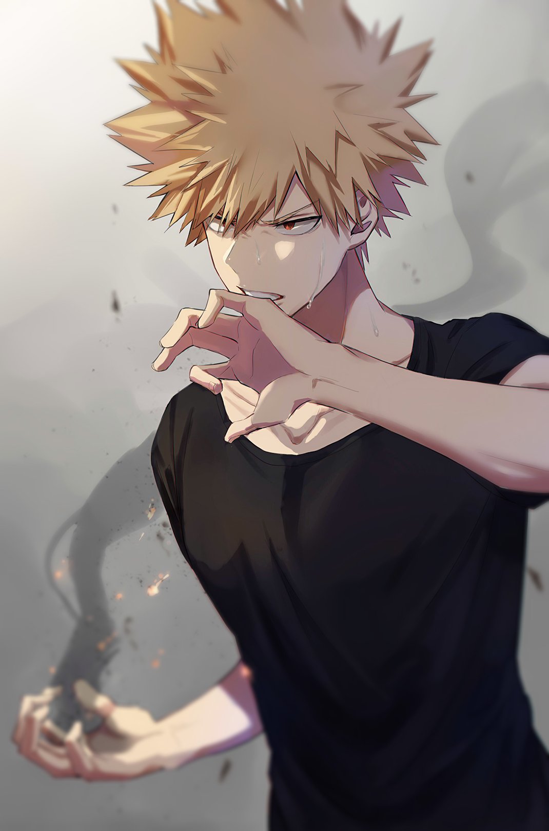 bakugou_katsuki black_shirt blonde_hair boku_no_hero_academia clenched_teeth collarbone grey_background hair_between_eyes highres liyuchen1126 male_focus red_eyes shirt short_sleeves solo spiked_hair sweat teeth upper_body