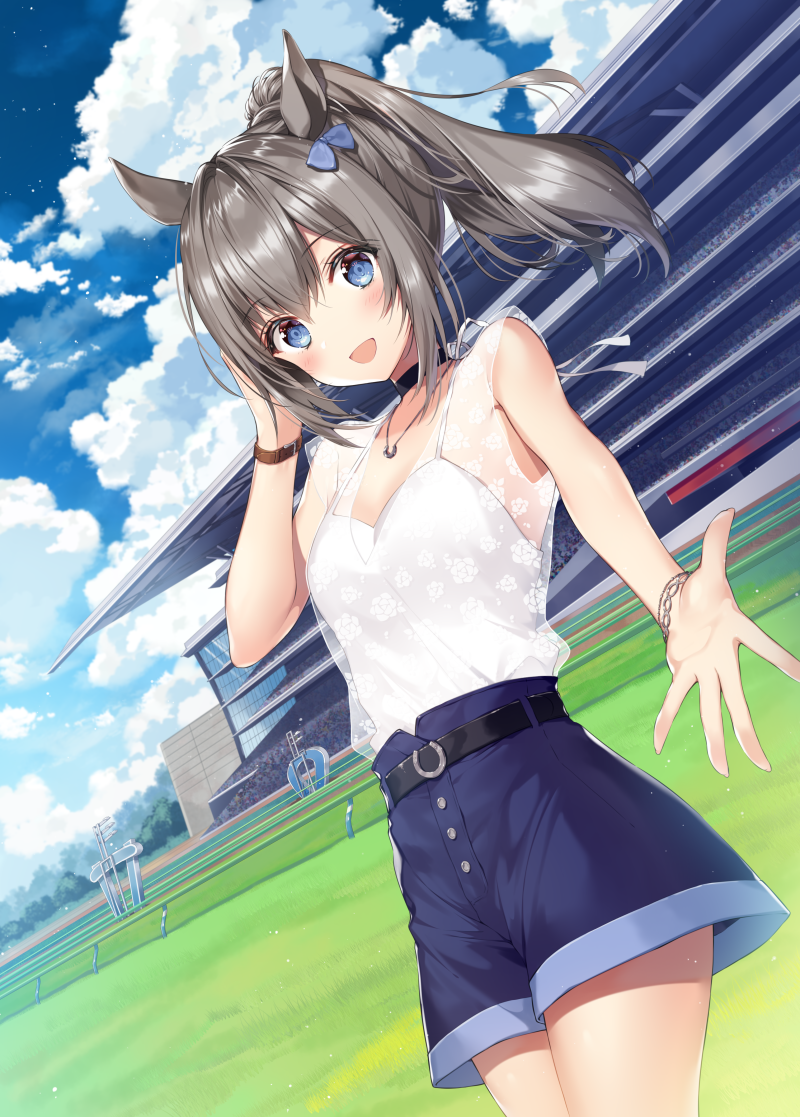 :d animal_ears bangs bare_shoulders belt black_choker blue_bow blue_eyes blue_shorts blue_sky blush bow bracelet buckle camisole choker cloud cloudy_sky commentary cowboy_shot day dutch_angle eyebrows_visible_through_hair grey_hair hair_bow hand_in_hair hand_up horse_ears horse_girl inku_channel jewelry kamino_inku long_hair looking_at_viewer necklace necomi open_mouth outstretched_arm outstretched_hand ponytail see-through shorts sidelocks sky smile solo spread_fingers stadium virtual_youtuber watch wristwatch