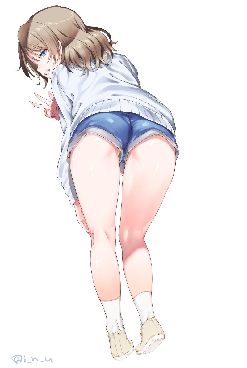 ass bangs blue_eyes blue_shorts brown_hair eyebrows_visible_through_hair from_behind full_body grin half-closed_eyes hand_on_own_leg heel_up inu_(aerodog) kneepits leaning_forward legs long_sleeves looking_at_viewer looking_back love_live! love_live!_sunshine!! medium_hair panties panty_peek shoes short_shorts shorts simple_background smile socks solo standing sweater thighs twitter_username underwear upshorts w watanabe_you white_background white_footwear white_legwear white_sweater yellow_panties